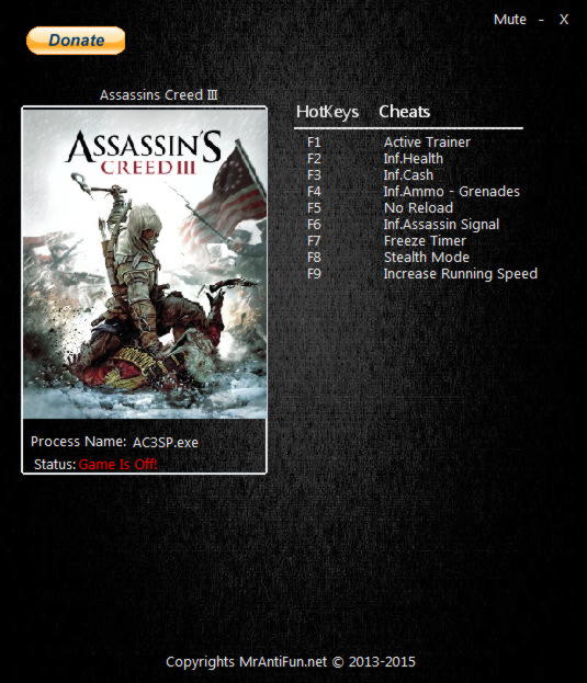 Assassin's Creed 3 Trainer +8 1.06 Update 10.09.15 MrAntiFun.