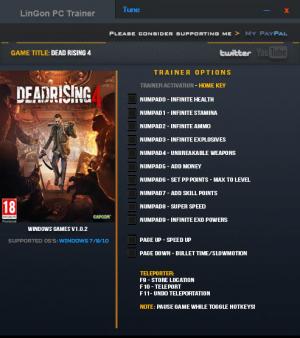 Dead Rising 4 Trainer for PC game version 1.02 Update 09.12.2016