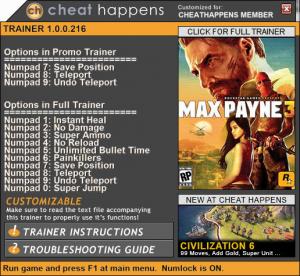Max Payne 3 Trainer for PC game version 12.16.2016