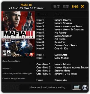 Mafia 3 Trainer for PC game version 1.0 - 1.05
