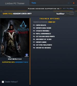 Assassin's Creed: Unity Trainer for PC game version 1.6.0 Update 04.01.2017