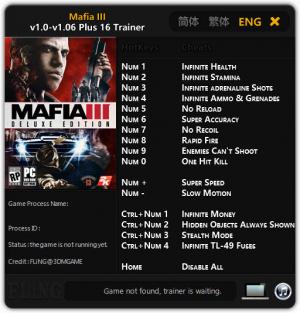 Mafia 3 Trainer for PC game version 1.0 - 1.06