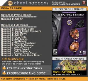 Saints Row 4 Trainer for PC game version 01.28.2017