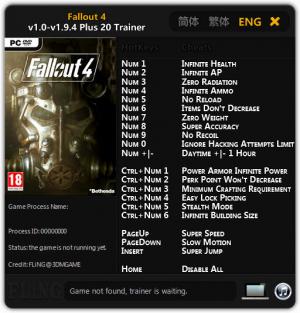 Fallout 4 Trainer for PC game version 1.0 - 1.9.4