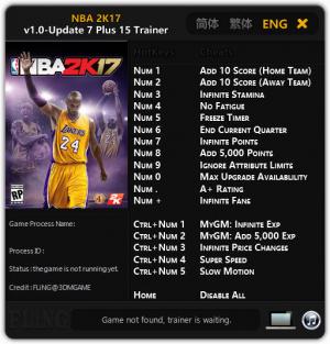NBA 2K17 Trainer for PC game version 1.0 Update 7