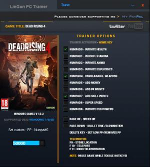 Dead Rising 4 Trainer for PC game version 1.03 x64bit