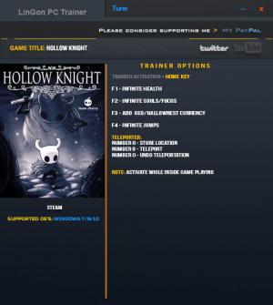 Hollow Knight Trainer for PC game version 1.0
