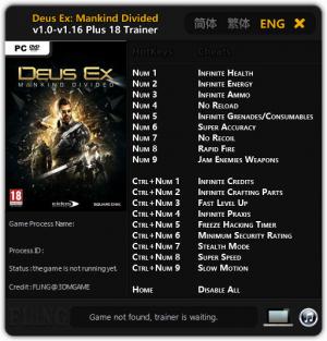 Deus Ex: Mankind Divided Trainer for PC game version 1.0 - 1.16