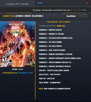 Ultimate Marvel vs. Capcom 3 Trainer for PC game version 1.0