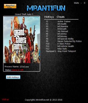 Grand Theft Auto 5 Trainer for PC game version 1.0.1011.1