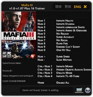 Mafia 3 Trainer for PC game version 1.0 - 1.07