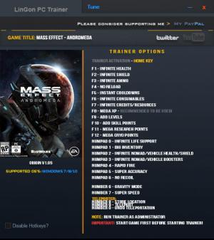 Mass Effect: Andromeda Trainer for PC game version 1.05
