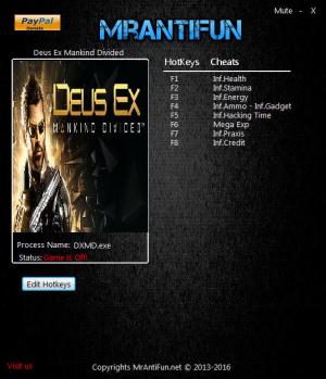 Deus Ex: Mankind Divided Trainer for PC game version 1.18 Build 798.0