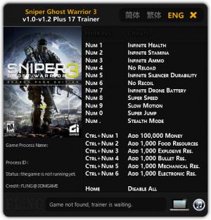 Sniper: Ghost Warrior 3 Trainer for PC game version v1.0 - 1.2