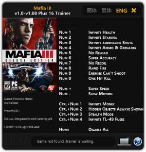 Mafia 3 Trainer for PC game version 1.0 - 1.08