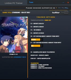 Starbound Trainer for PC game version 1.3.0 64 Bit