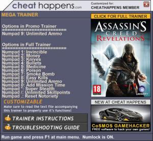Assassin's Creed: Revelations Trainer for PC game version 1.03 Update 07.19.2017