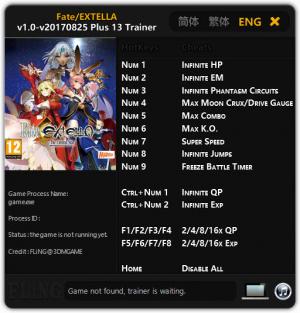 Fate/EXTELLA Trainer for PC game version 1.0 - 2017.08.25