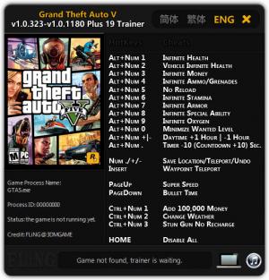 Grand Theft Auto 5 Trainer for PC game version 1.0.323 - 1.0.1180