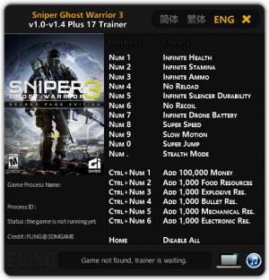 Sniper: Ghost Warrior 3 Trainer for PC game version v1.0 - 1.4