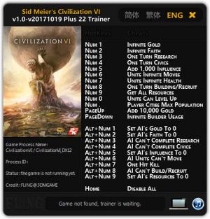 Sid Meier’s Civilization 6 Trainer for PC game version v1.0 - Update 2017.10.19