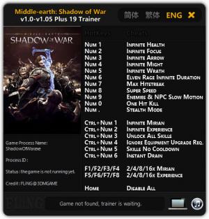 Middle-earth: Shadow of War Trainer for PC game version v1.0 - 1.05