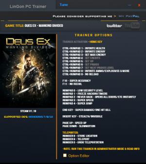 Deus Ex: Mankind Divided Trainer for PC game version v1.19 Update 6 Dec 2017