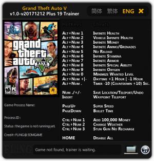 Grand Theft Auto 5 Trainer for PC game version v1.0 - 2017.12.12