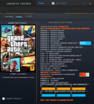 Grand Theft Auto 5 Trainer for PC game version v1.0.1290.1