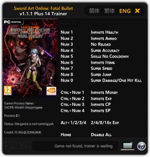 Sword Art Online: Fatal Bullet Trainer for PC game version v1.1.1