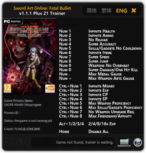 Sword Art Online: Fatal Bullet Trainer for PC game version v1.1.1