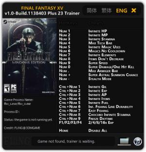 Final Fantasy XV Trainer for PC game version v1.0 - Build 1138403