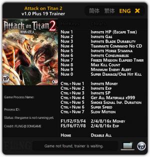 Attack on Titan 2 Trainer for PC game version  v1.0