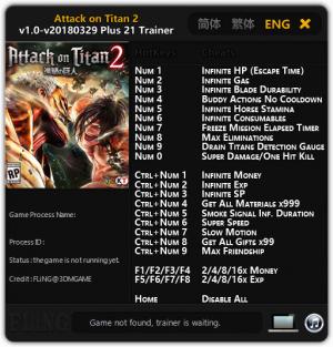 Attack on Titan 2 Trainer for PC game version v1.0 - 2018.03.29