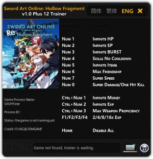 Sword Art Online: Hollow Fragment Trainer for PC game version v1.0