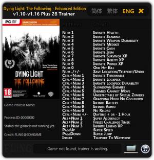 Dying Light: The Following Trainer for PC game version v1.10 - 1.16