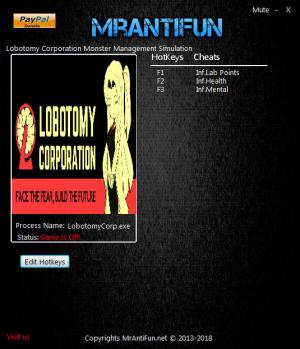 Lobotomy Corporation Trainer for PC game version v1.0.2.6