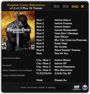 Kingdom Come: Deliverance Trainer for PC game version v1.2 - 1.5