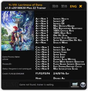 Ys VIII: Lacrimosa of DANA Trainer for PC game version v1.0 Update 06.30.2018