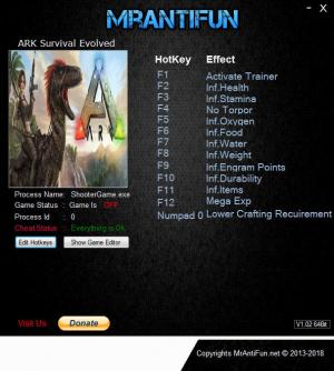 ARK: Survival Evolved Trainer for PC game version v280.122