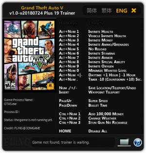 Grand Theft Auto 5 Trainer for PC game version v1.0 - 2018.07.24