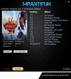 Divinity: Original Sin 2 Trainer for PC game version v3.6.29.390