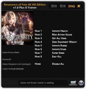 ESONANCE OF FATE END OF ETERNITY 4K/HD EDITION Trainer for PC game version  v1.0