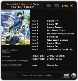 Sword Art Online: Lost Song Trainer for PC game version v1.0