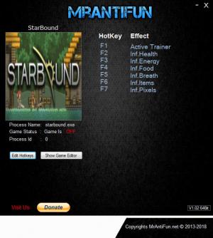 Starbound Trainer for PC game version v1.3.4 64bit