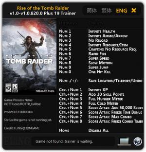 Rise of the Tomb Raider Trainer for PC game version v1.0.820.0