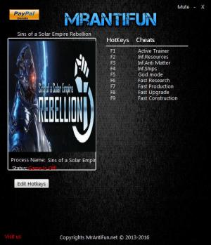 Sins of a Solar Empire: Rebellion Trainer for PC game version v1.93