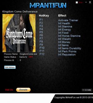 Kingdom Come: Deliverance Trainer for PC game version v1.8.1