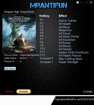 Dragon Age: Inquisition Trainer for PC game version v11.03.2019