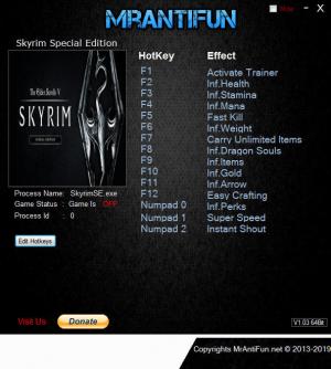 The Elder Scrolls 5: Skyrim Special Edition Trainer for PC game version v1.5.73.0